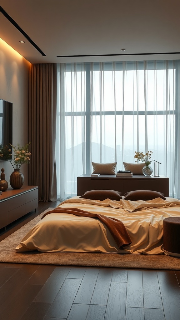 A modern luxury bedroom with large windows and soft bedding, creating a serene personal retreat.