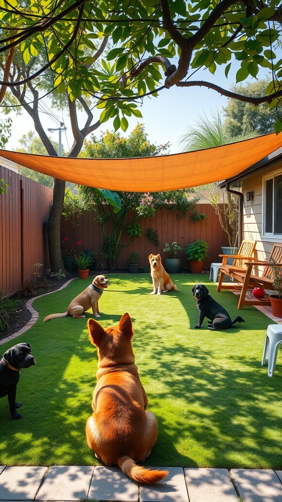 A pet-friendly outdoor living space with several dogs relaxing on artificial grass under a shade sail.