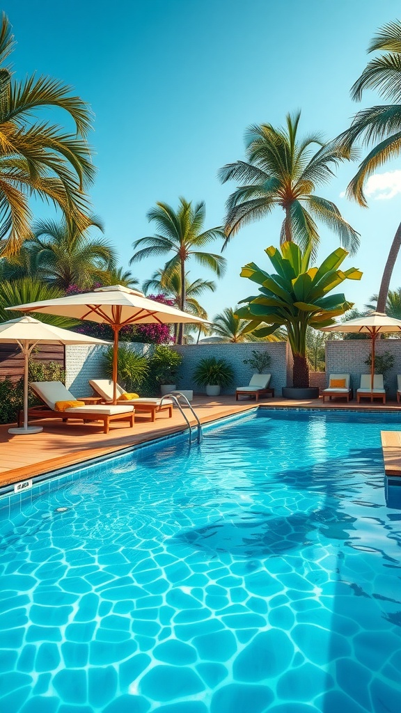 A beautiful poolside lounge area with palm trees and comfortable loungers.