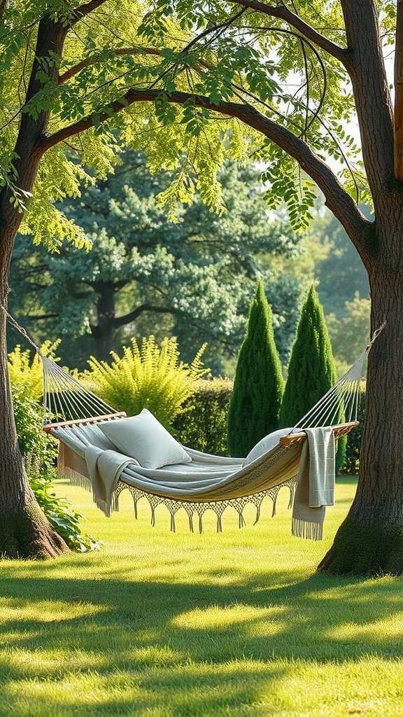 A cozy hammock nestled between two trees in a lush garden.