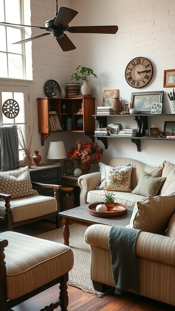 Cozy living room with rustic decor, vintage items, and warm colors.