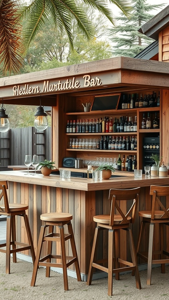 A rustic outdoor bar with wooden design, bottles of drinks, and stools, surrounded by greenery.