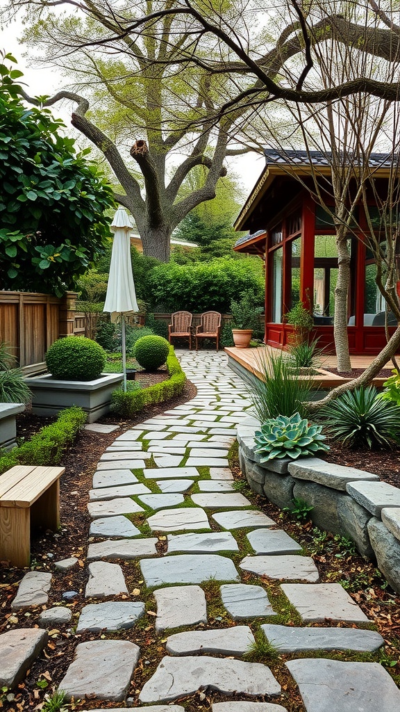 A rustic stone pathway winding through a lush garden with green plants and a cozy seating area.