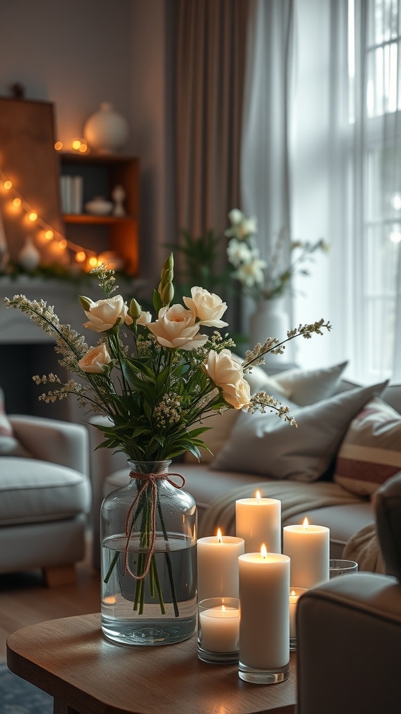 A cozy living room with flowers and lit candles on a table