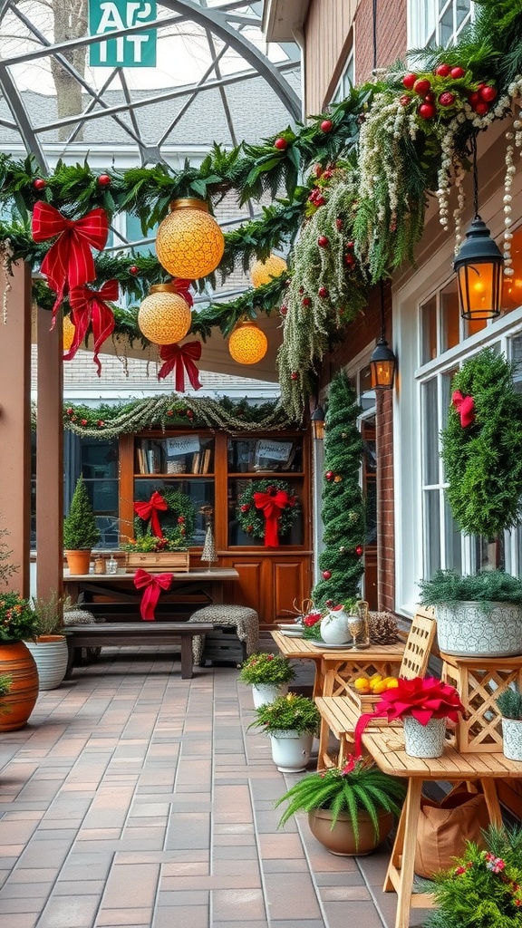 A decorated outdoor living space featuring festive garlands, lanterns, and cozy furniture