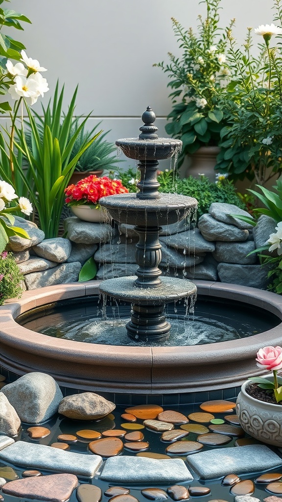 A serene three-tiered fountain surrounded by lush greenery and colorful flowers.
