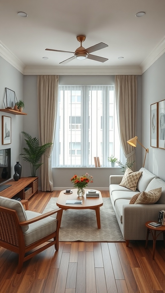 A cozy living room with a light sofa, wooden furniture, and natural light coming from large windows.
