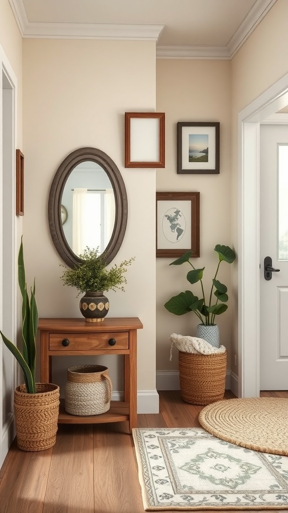 Cozy entryway with wall decor, plants, and a console table in a farmhouse style.