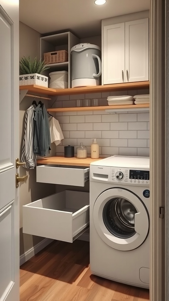 A small laundry room featuring smart storage solutions such as shelves, cabinets, and drawers.