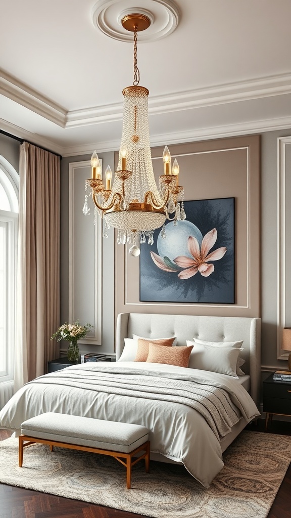A luxurious bedroom featuring a chandelier lighting fixture and elegant decor.