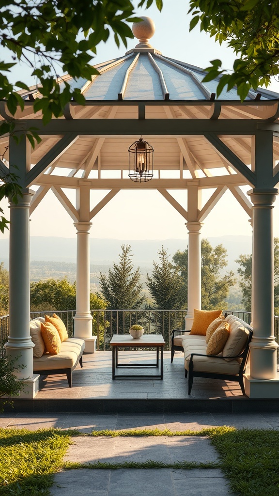 A stylish gazebo with comfortable seating and a beautiful outdoor view.