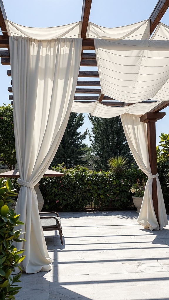 Stylish outdoor curtains draped around a wooden structure in a sunny outdoor living space