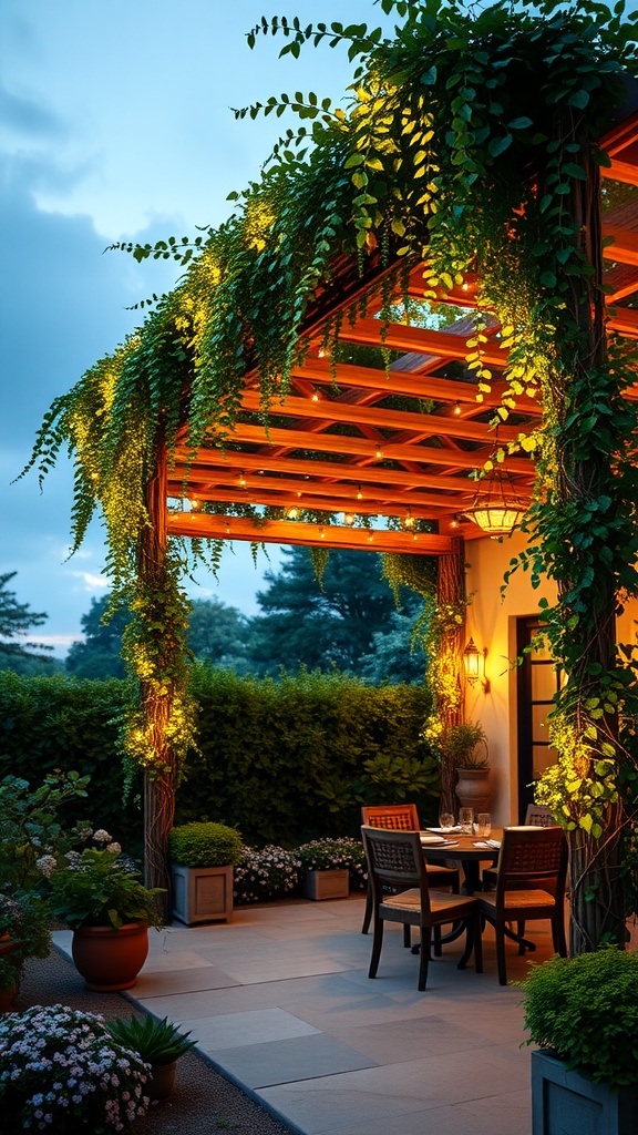 Stylish pergola with greenery and lighting in an outdoor living space