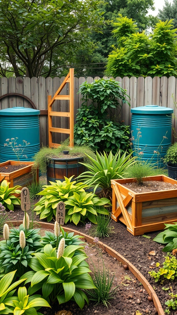 A sustainable garden with wooden planters, rainwater barrels, and lush greenery.