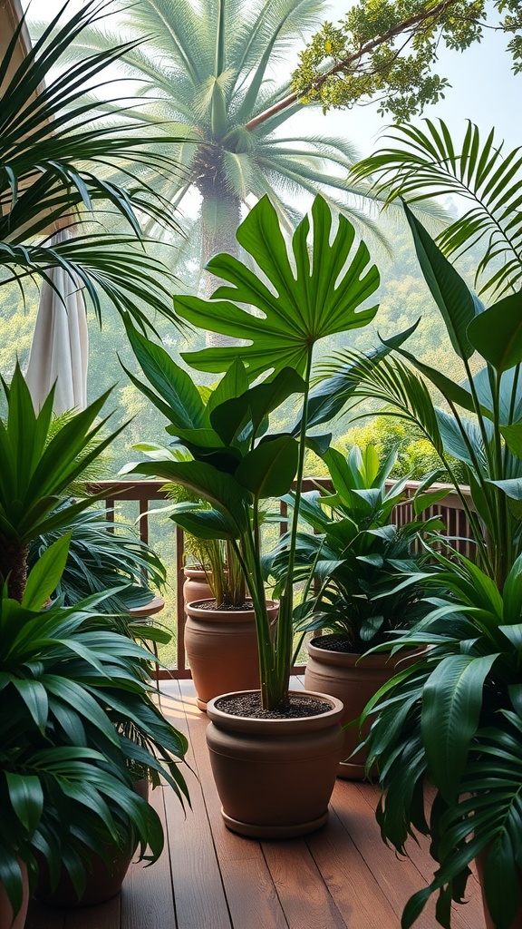 A collection of tropical plants in terracotta pots arranged on a wooden deck, showcasing lush greenery and a palm tree in the background.