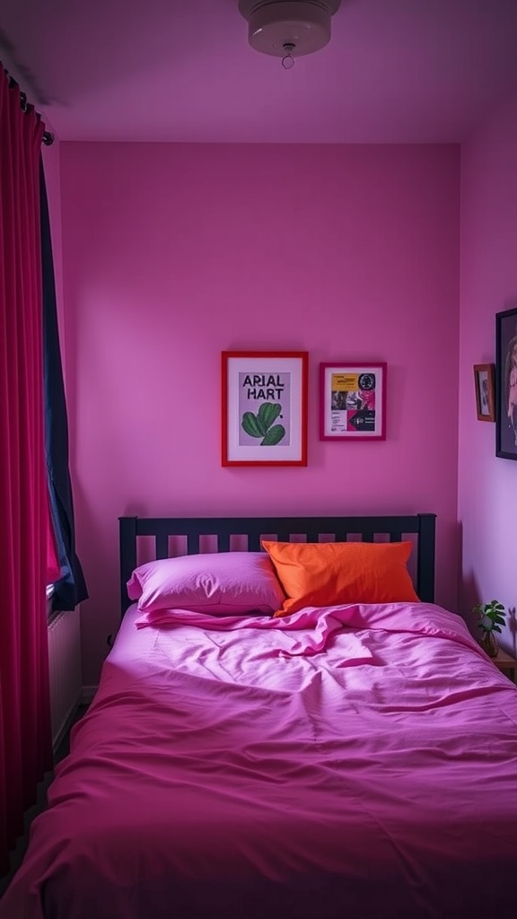 A small bedroom with pink walls, colorful bedding, and framed artwork.