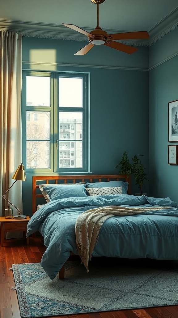 Cozy bedroom with soft blue walls, wooden furniture, and natural light.