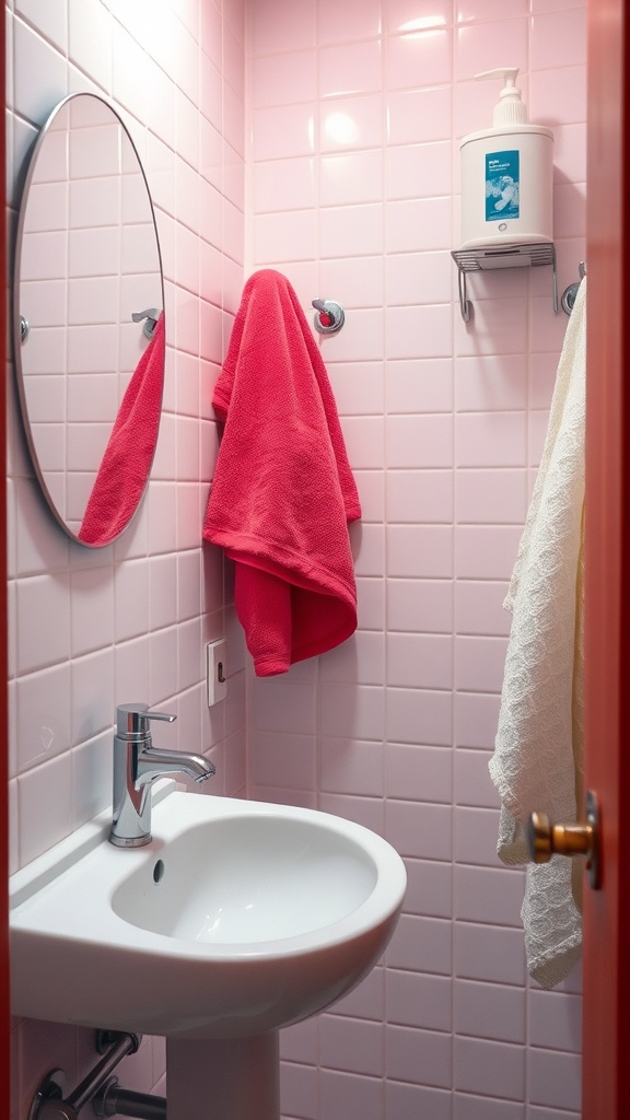 A small bathroom with pink tiles, a round mirror, and colorful towels hanging on the wall.