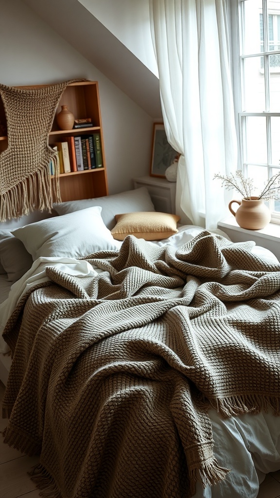 A cozy bedroom featuring a textured blanket on a bed, with soft pillows and warm tones.