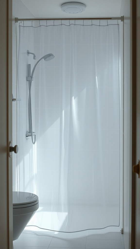 A transparent shower curtain in a small bathroom, showing a clean and airy space.