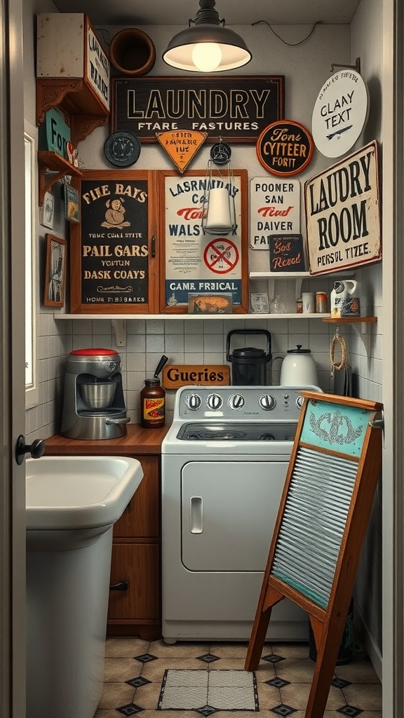 A small vintage-themed laundry room with various decorative signs and a washboard.