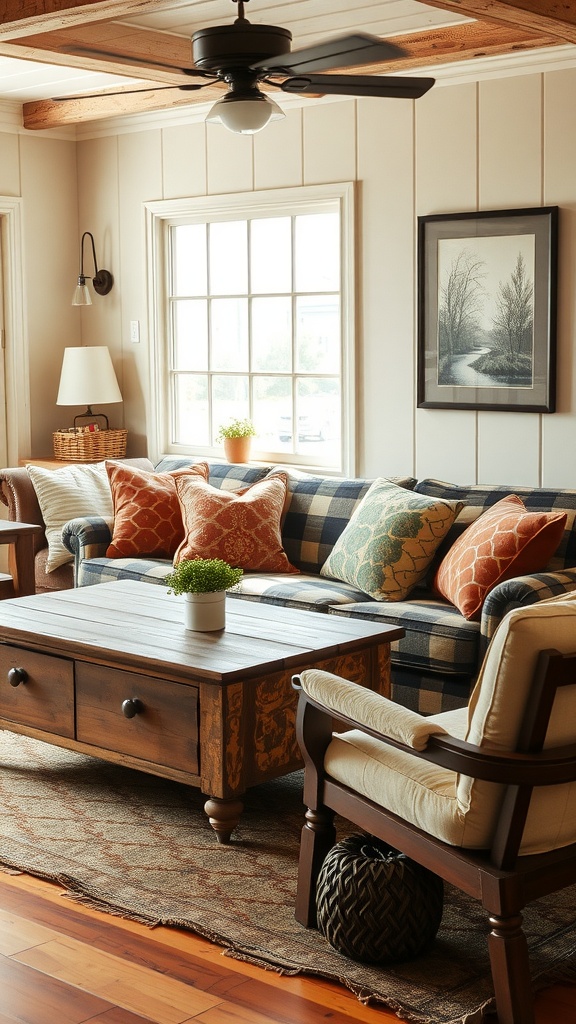 Cozy vintage farmhouse living room with plaid sofa and wooden coffee table