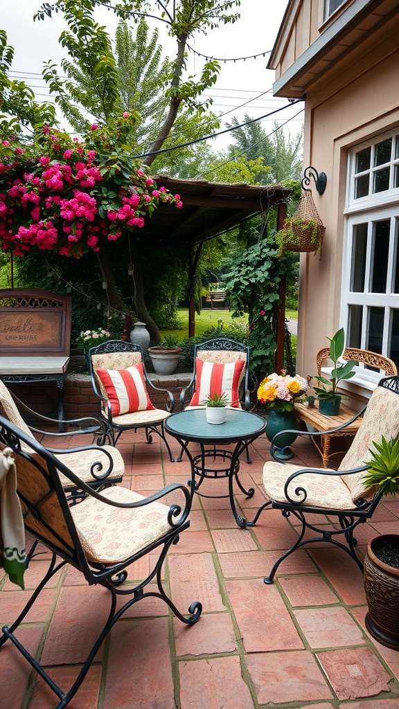 A cozy vintage outdoor seating area with patterned cushions, surrounded by vibrant flowers and greenery.
