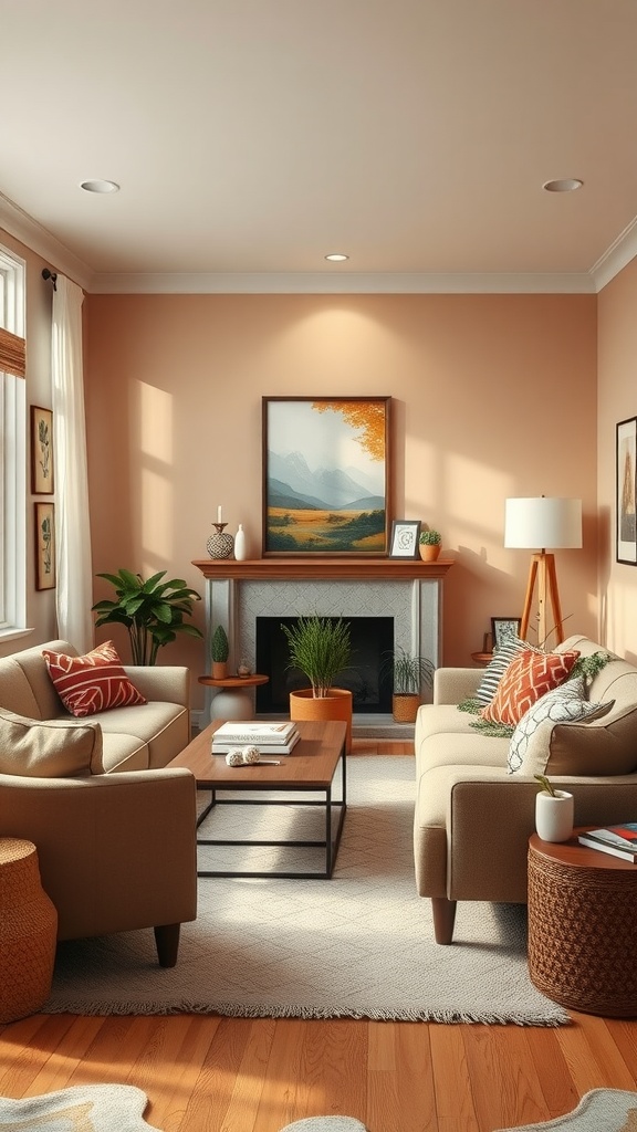 Cozy living room with warm peach walls, neutral furniture, and vibrant cushions.