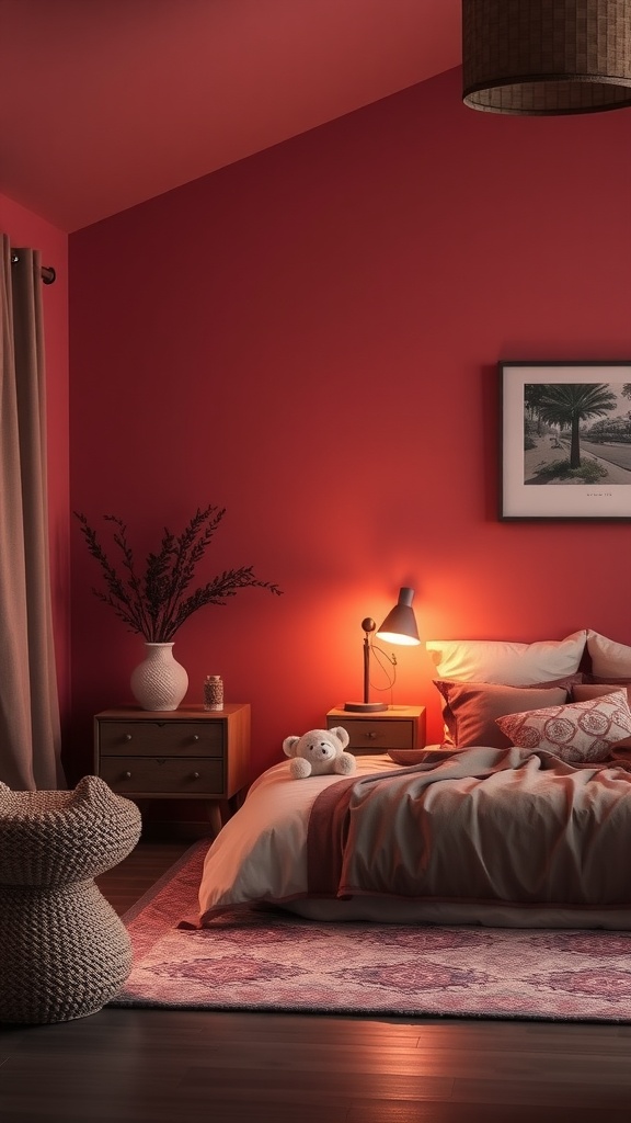 A cozy bedroom with warm red walls, soft bedding, and inviting decor.