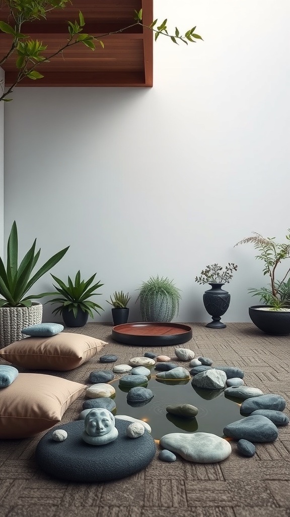 A Zen meditation corner featuring a small pond surrounded by stones and cushions for relaxation.