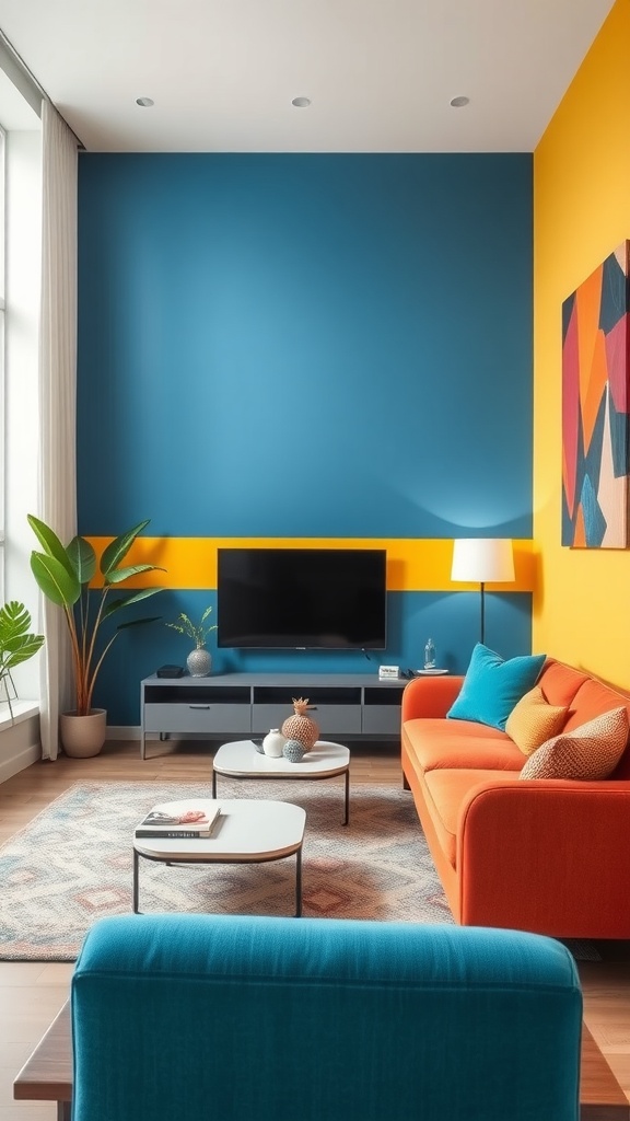 A modern living room with a deep blue and yellow wall, featuring an orange couch and green plants, creating a vibrant atmosphere.