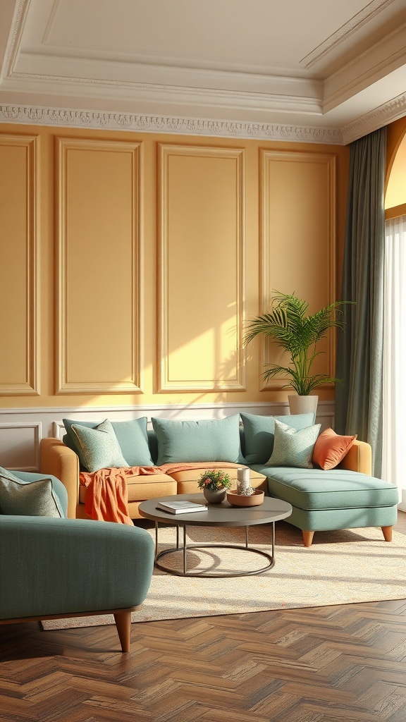 Cozy living room with teal and yellow furniture, with warm light and plants.