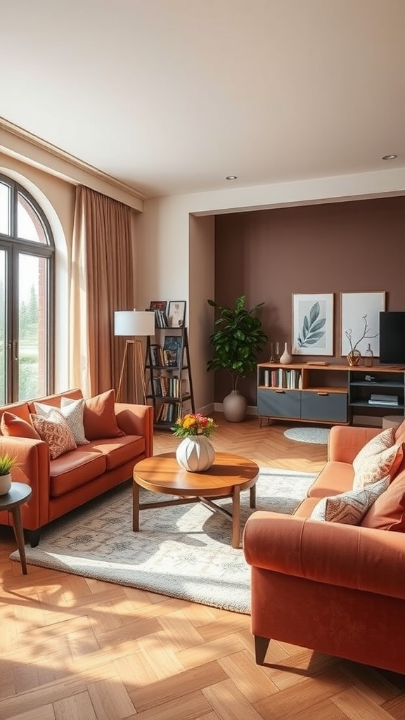 A modern living room with orange couches, natural light, and a cohesive color palette.