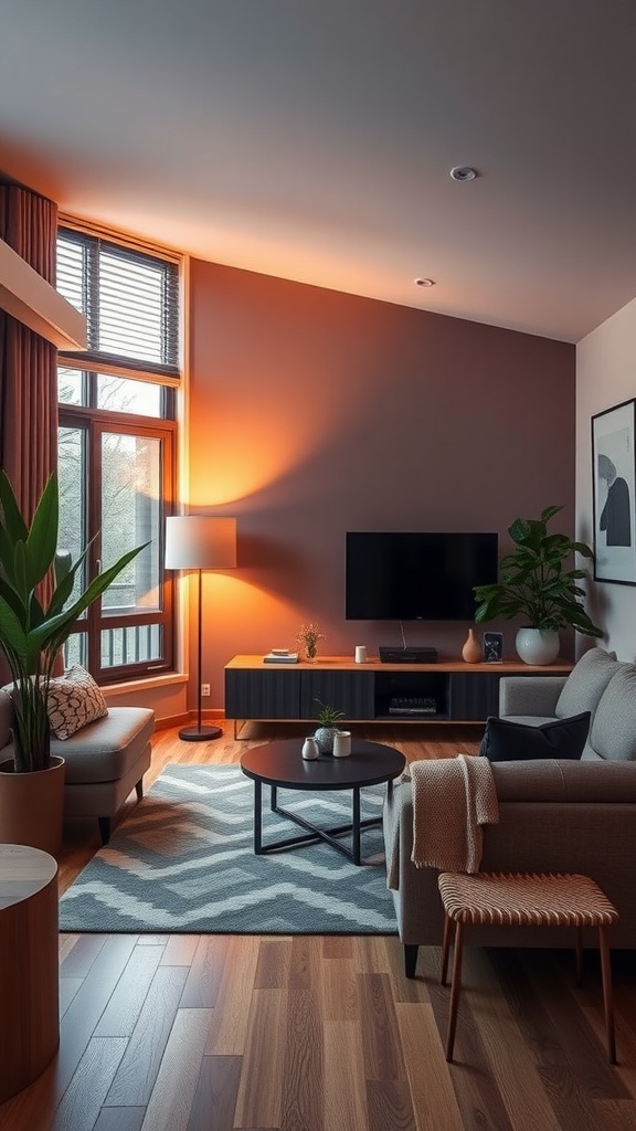 A modern living room with warm tones, large windows, and a cozy atmosphere.