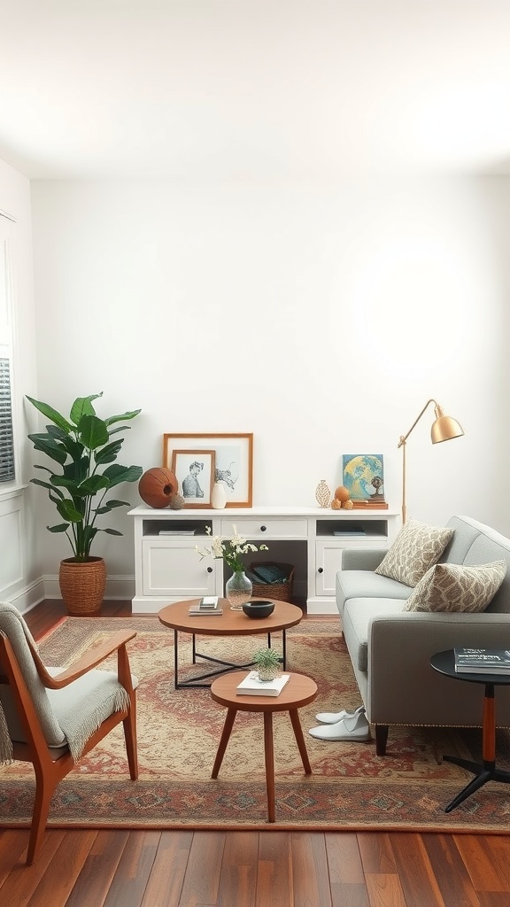 A cozy living room featuring a mix of vintage and modern furniture, with plants and art decor.