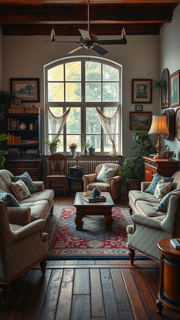 A cozy vintage living room with plush sofas, a wooden coffee table, and large windows letting in natural light.