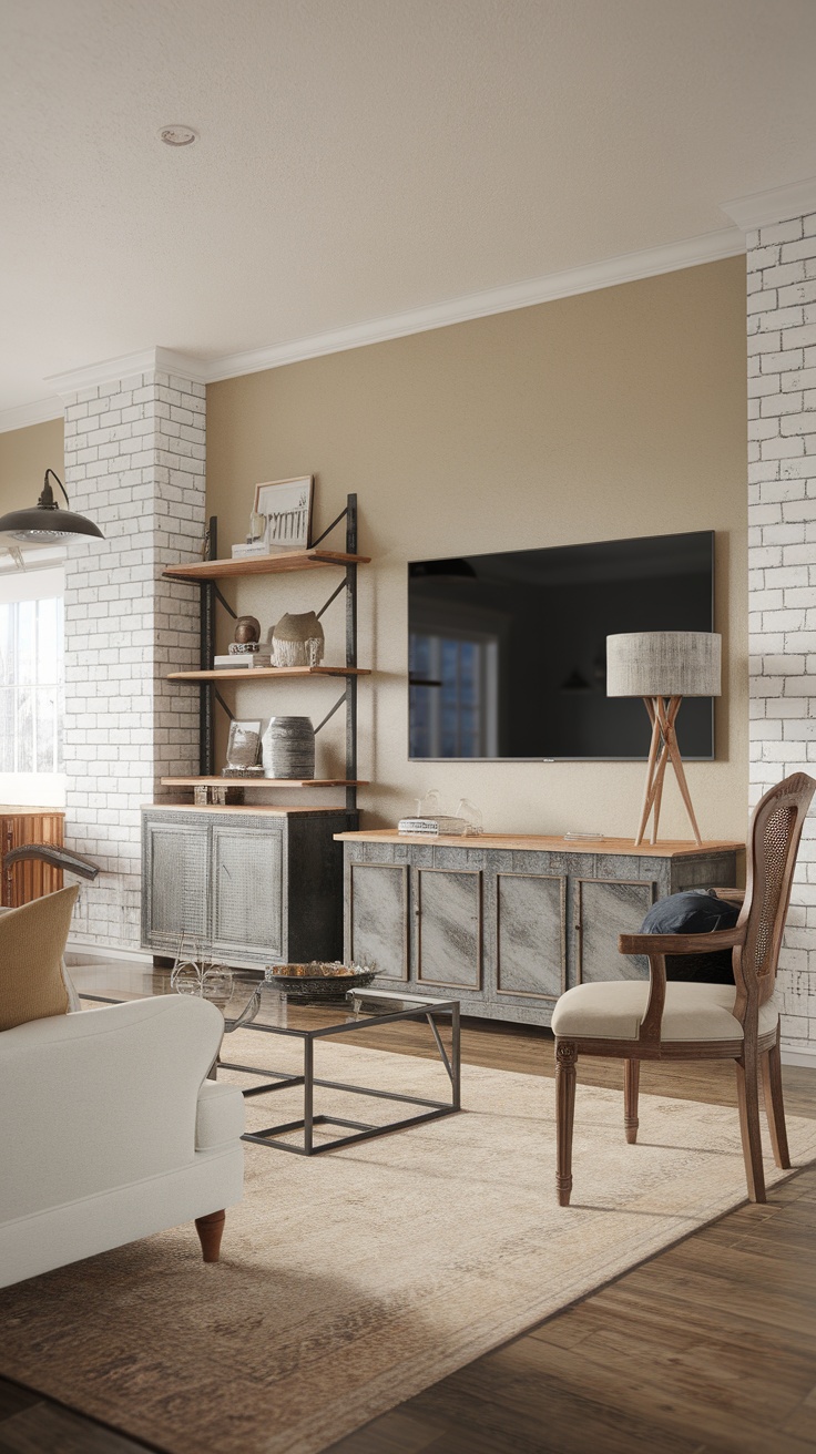 A modern farmhouse living room featuring a big fireplace with two windows, minimalist furniture, and vintage decor.