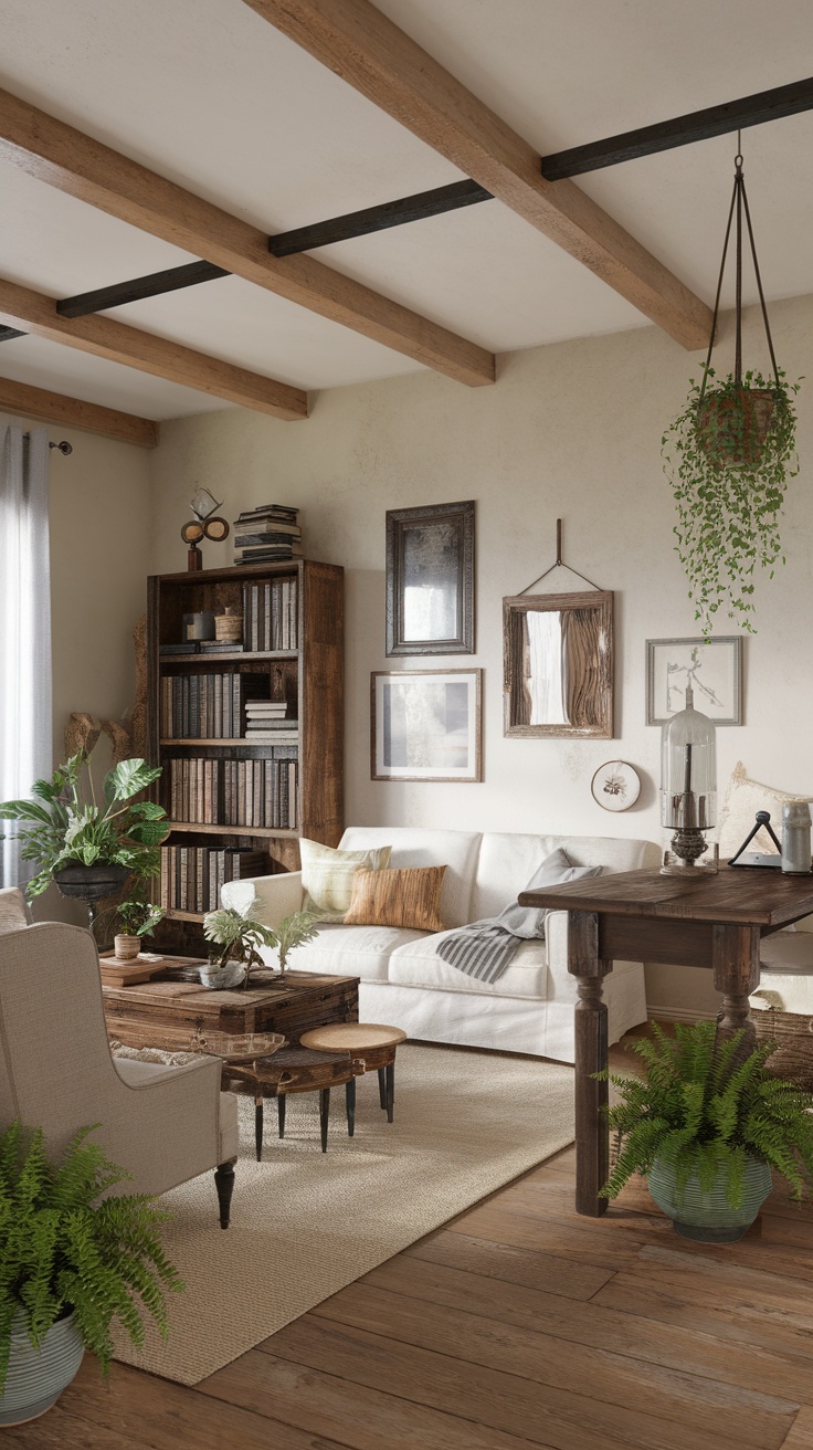 A cozy modern farmhouse living room with vintage accents, including a bookshelf, plants, and rustic furniture.