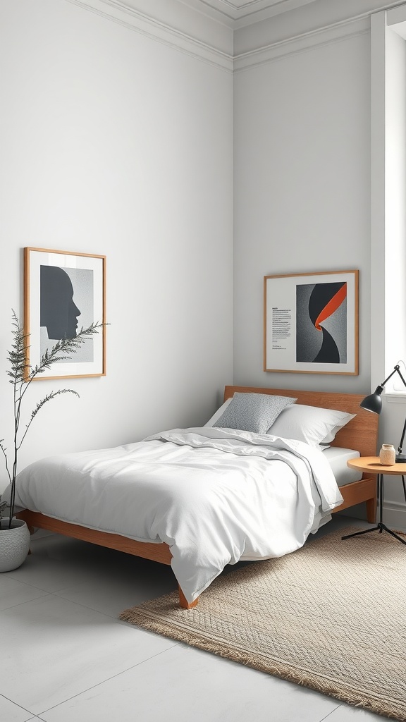 A minimalist bedroom featuring a wooden bed with white bedding, framed artwork on the walls, and a small potted plant in the corner.