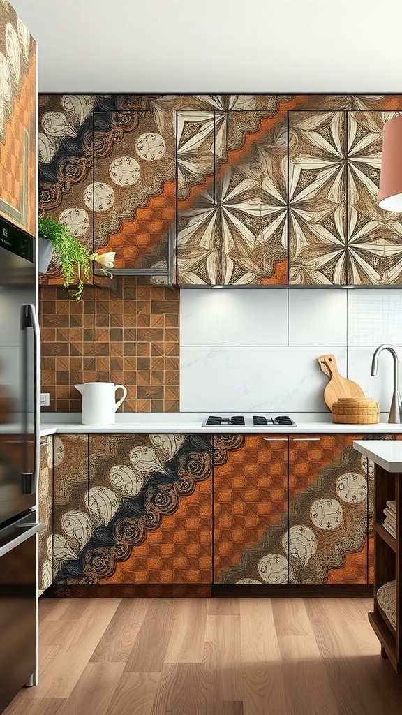 A modern kitchen with artistic lower cabinets featuring intricate patterns and bold colors.