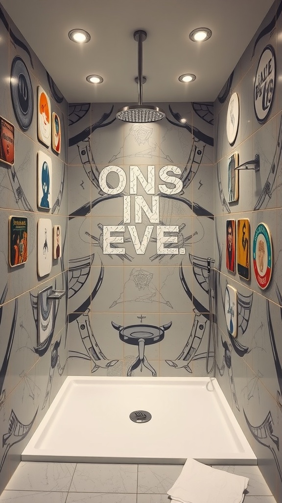 Artistic shower space featuring colorful wall art and bold graphics