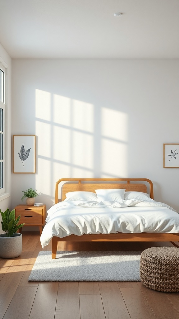 A minimalist bedroom with a wooden bed, plants, and natural light.