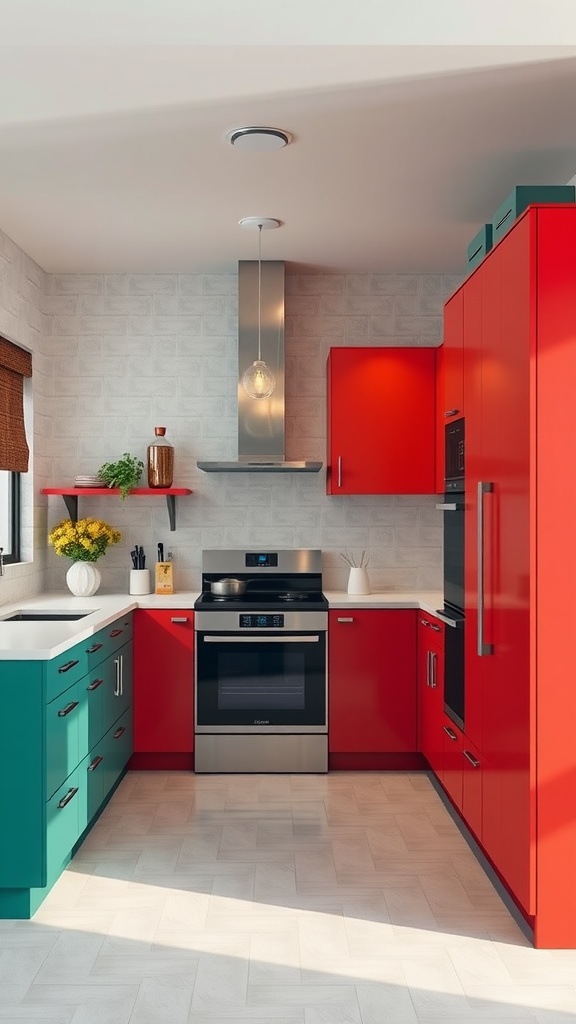 A modern kitchen featuring red and teal cabinets with a stainless steel oven and white countertops.