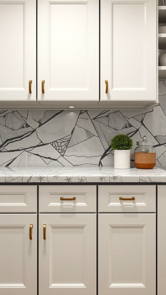 A modern kitchen with white shaker cabinets and gold hardware.