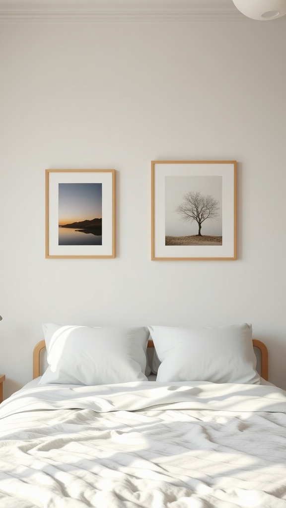 Minimalist bedroom with two framed artworks above a bed