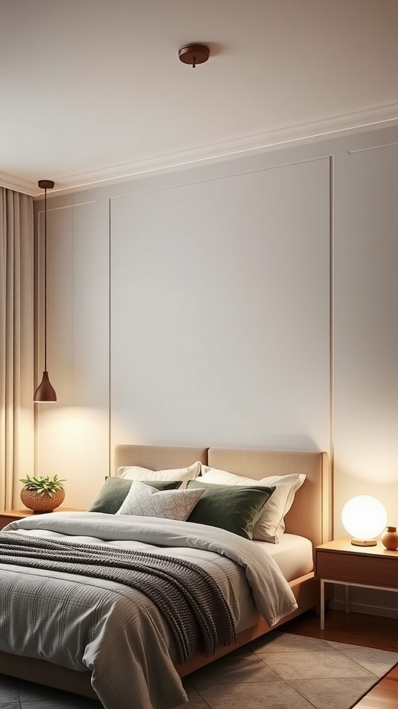 A cozy minimalist bedroom featuring a modern lighting setup with pendant lights and bedside lamps.