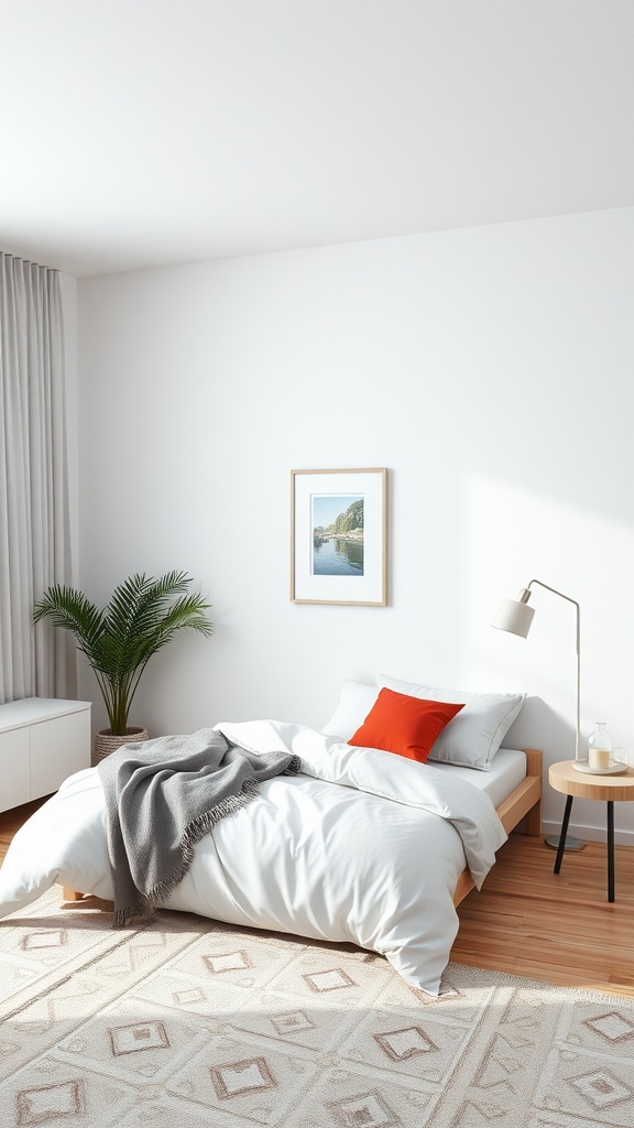A cozy minimalist bedroom featuring a white bed with an orange pillow, a potted plant, and neutral decor.