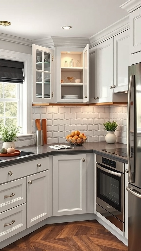Modern kitchen corner cabinet with glass doors and stylish interior design.