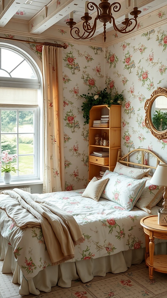 A cozy cottage-style bedroom with floral wallpaper, a neatly made bed, and natural light.