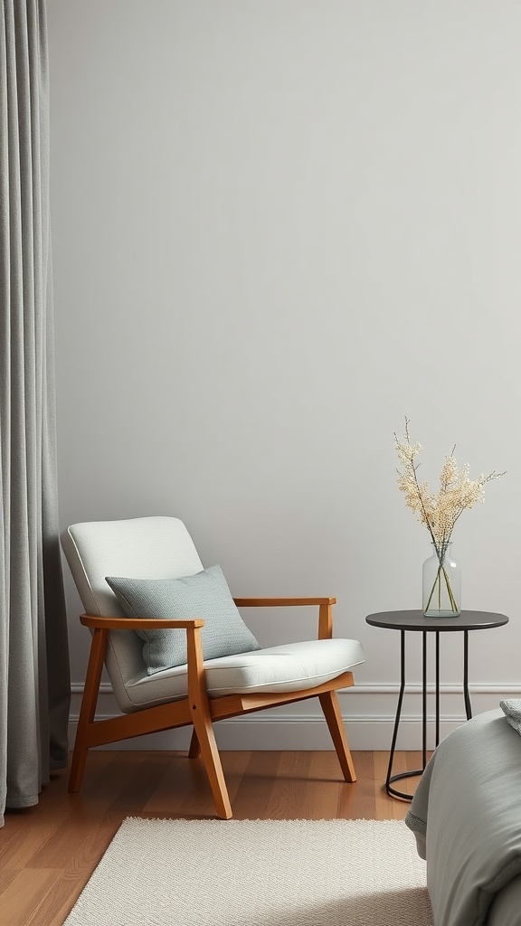 Cozy minimalist bedroom with a light chair, round side table, and vase of flowers